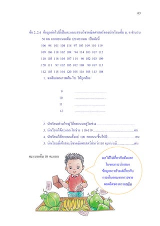 63



ข้อ 2..2.4 ข้อมูลต่อไปนี้เป็ นคะแนนสอบวิชาคณิ ตศาสตร์ ของนักเรี ยนชั้น ม. 6 จานวน
           50 คน จากคะแนนเต็ม 120 คะแนน เป็ นดังนี้
          106 94 101 104 114 97 103 109 110 119
          109 106 118 102 108 94 114 103 107 112
          110 103 118 104 107 114 96 102 103 109
          120 111 97 102 105 102 108 99 107 113
          112 103 115 104 120 105 116 105 113 108
            1. จงเติมแผนภาพต้น-ใบ ให้ถูกต้อง

                       9        …………………………
                      10        …………………………
                      11        ………………………..
                      12        ………………………..

          2.                                  ่
               นักเรี ยนส่ วนใหญ่ได้คะแนนอยูในช่วง………………………………
          3.   นักเรี ยนได้คะแนนในช่วง 110-119…………………………………คน
          4.   นักเรี ยนได้คะแนนตั้งแต่ 100 คะแนน ขึ้นไปมี ………..……………คน
          5.   นักเรี ยนที่เข้าสอบวิชาคณิ ตศาสตร์ต่ากว่า110 คะแนนมี……………..คน

คะแนนเต็ม 10 คะแนน                                   ผลไม้ไม่เกี่ยวกับต้นและ
                                                        ใบของการนาเสนอ
                                                     ข้อมูลนะครับแต่เกี่ยวกับ
                                                     การเก็บออมจากการขาย
                                                      ผลผลิตของความขยัน
 