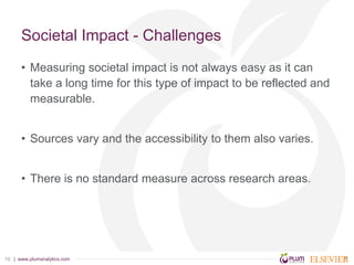 | www.plumanalytics.com10
• Measuring societal impact is not always easy as it can
take a long time for this type of impac...