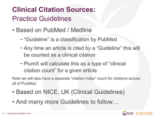 | www.plumanalytics.com20
Clinical Citation Sources:
Practice Guidelines
• Based on PubMed / Medline
− “Guideline” is a cl...