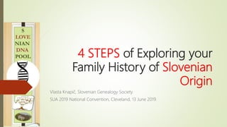 4 STEPS of Exploring your
Family History of Slovenian
Origin
Vlasta Knapič, Slovenian Genealogy Society
SUA 2019 National Convention, Cleveland, 13 June 2019
 
