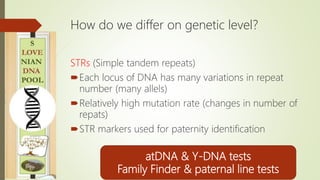 How do we differ on genetic level?
STRs (Simple tandem repeats)
Each locus of DNA has many variations in repeat
number (m...