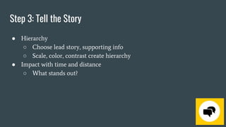 Step 3: Tell the Story
● Hierarchy
○ Choose lead story, supporting info
○ Scale, color, contrast create hierarchy
● Impact with time and distance
○ What stands out?
 