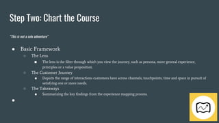 Step Two: Chart the Course
“This is not a solo adventure”
● Basic Framework
○ The Lens
■ The lens is the filter through which you view the journey, such as persona, more general experience,
principles or a value proposition.
○ The Customer Journey
■ Depicts the range of interactions customers have across channels, touchpoints, time and space in pursuit of
satisfying one or more needs.
○ The Takeaways
■ Summarizing the key findings from the experience mapping process.
●
 