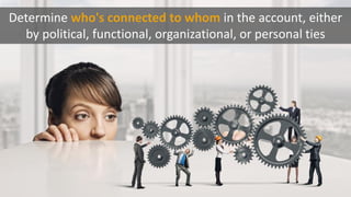 Determine who's connected to whom in the account, either
by political, functional, organizational, or personal ties
 