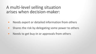 • Needs expert or detailed information from others
• Shares the risk by delegating some power to others
• Needs to get buy-in or approvals from others
A multi-level selling situation
arises when decision-maker:
 
