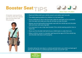 STEP 3
Booster Seat
4-8 Years
• Read and follow both your vehicle owner’s and safety seat manuals.
• The safest seating position for children is in the back seat.
• If your child has to ride in the front seat, slide the seat back as far as possible
from the dash and make sure they do not lean up near the dash.
• Always use the belt-positioning booster seat with the vehicle lap and shoulder
belt and never with just a lap belt.
• It is important to use a high back booster if the vehicle seating position has no
head rest.
• Never put the shoulder belt behind your child’s back or under their arm.
• Allow a child to remain in a booster seat beyond the age of 8 if the vehicle lap
and shoulder belt does not fit properly.
Booster Seat
A booster seat positions
a child so that the vehicle
lap and shoulder belt
fits properly.
About Age: 4-8 years
TIPS
Consider taking the next step to a vehicle seat belt when your child is at least age 8
and can fit correctly in a vehicle seat belt (usually around 4’9” tall).
 