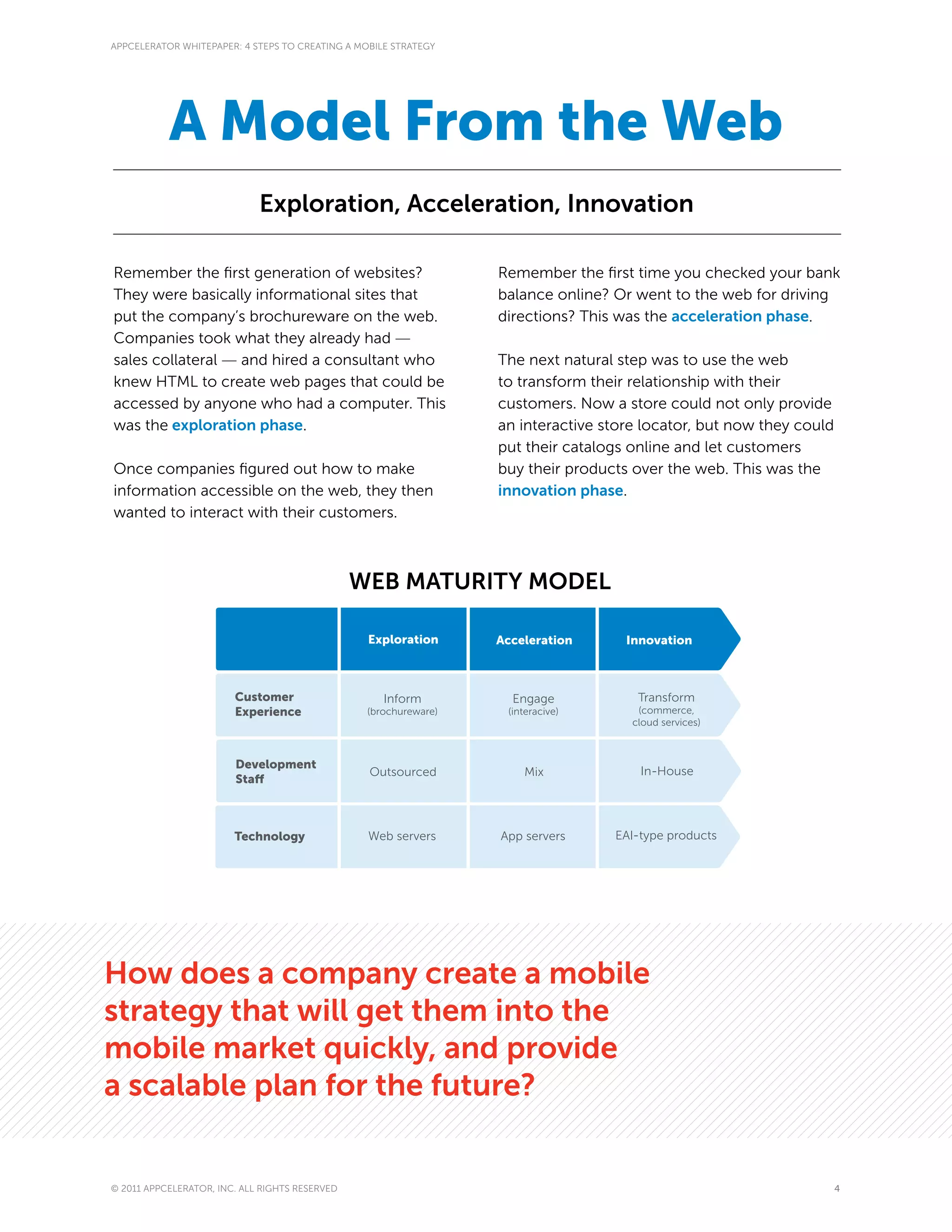 APPCELERATOR WHITEPAPER: 4 STEPS TO CREATING A MOBILE STRATEGY




           A Model From the Web
                             Exploration, Acceleration, Innovation

Remember the first generation of websites?                        Remember the first time you checked your bank
They were basically informational sites that                      balance online? Or went to the web for driving
put the company’s brochureware on the web.                        directions? This was the acceleration phase.
Companies took what they already had —
sales collateral — and hired a consultant who                     The next natural step was to use the web
knew HTML to create web pages that could be                       to transform their relationship with their
accessed by anyone who had a computer. This                       customers. Now a store could not only provide
was the exploration phase.                                        an interactive store locator, but now they could
                                                                  put their catalogs online and let customers
Once companies figured out how to make                            buy their products over the web. This was the
information accessible on the web, they then                      innovation phase.
wanted to interact with their customers.



                                                WEB MATURITY MODEL

                                                 Exploration      Acceleration      Innovation



                        Customer                    Inform          Engage            Transform
                        Experience               (brochureware)    (interacive)       (commerce,
                                                                                     cloud services)



                        Development
                                                 Outsourced           Mix             In-House
                        Staff



                        Technology               Web servers      App servers     EAI-type products




How does a company create a mobile
strategy that will get them into the
mobile market quickly, and provide
a scalable plan for the future?


© 2011 APPCELERATOR, INC. ALL RIGHTS RESERVED                                                                        4
 