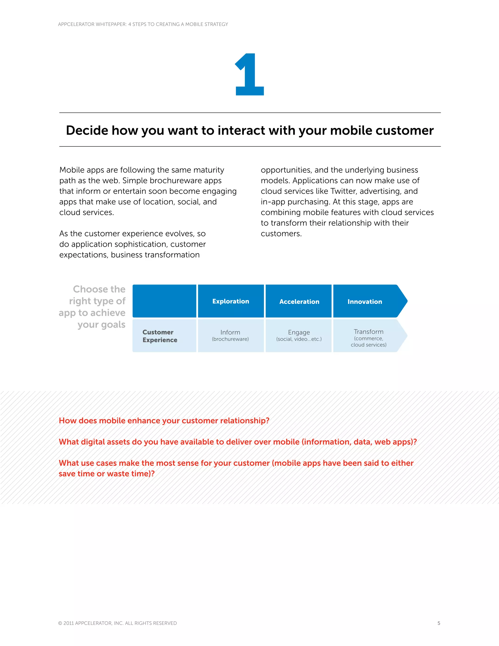 APPCELERATOR WHITEPAPER: 4 STEPS TO CREATING A MOBILE STRATEGY




                                                                 1
  Decide how you want to interact with your mobile customer

Mobile apps are following the same maturity                              opportunities, and the underlying business
path as the web. Simple brochureware apps                                models. Applications can now make use of
that inform or entertain soon become engaging                            cloud services like Twitter, advertising, and
apps that make use of location, social, and                              in-app purchasing. At this stage, apps are
cloud services.                                                          combining mobile features with cloud services
                                                                         to transform their relationship with their
As the customer experience evolves, so                                   customers.
do application sophistication, customer
expectations, business transformation



   Choose the
  right type of                                         Exploration           Acceleration            Innovation
app to achieve
    your goals
                               Customer                    Inform                 Engage               Transform
                               Experience               (brochureware)       (social, video...etc.)    (commerce,
                                                                                                      cloud services)




How does mobile enhance your customer relationship?

What digital assets do you have available to deliver over mobile (information, data, web apps)?

What use cases make the most sense for your customer (mobile apps have been said to either
save time or waste time)?




© 2011 APPCELERATOR, INC. ALL RIGHTS RESERVED                                                                            5
 