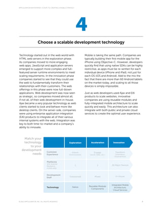 APPCELERATOR WHITEPAPER: 4 STEPS TO CREATING A MOBILE STRATEGY




                                                                 4
                      Choose a scalable development technology

Technology started out in the web world with                             Mobile is taking the same path. Companies are
HTML web servers in the exploration phase.                               typically building their first mobile app for the
As companies moved to more engaging                                      iPhone using Objective-C. However, developers
web apps, JavaScript and application servers                             quickly find that using native SDKs can be highly
emerged to support more complex and full-                                restrictive, as apps must be re-written for each
featured server runtime environments to meet                             individual device (iPhone and iPad), not just for
scaling requirements. In the innovation phase                            each OS (iOS and Android). Add to the mix the
companies started to see that they could use                             fact that there are more than 60 Android tablets
the web to fundamentally transform their                                 on the market today, and scaling to all those
relationships with their customers. The web                              devices is simply impossible.
offerings in this phase were now full-blown
applications. Web development was now seen                               Just as web developers used Ajax and EAI
as strategic, so companies moved almost all,                             products to scale websites, innovative
if not all, of their web development in-house.                           companies are using reusable modules and
Ajax became a very popular technology as web                             fully-integrated mobile architecture to scale
clients started to look and behave more like                             quickly and easily. This architecture can also
desktop clients. On the server-side, companies                           integrate with both public and private cloud
were using enterprise application integration                            services to create the optimal user experience.
(EAI) products to integrate all of their various
internal systems with the web. Integration was
key to both time-to-market and a company’s
ability to innovate.



    Match your
    technology                                          Exploration           Acceleration             Innovation
        to your
   development
                                Customer                   Inform                 Engage                 Transform
         needs                  Experience              (brochureware)       (social, video...etc.)      (commerce,
                                                                                                        cloud services)


                                Platforms
                                (iOS, Android,
                                Blackberry,                      1                     2              All Major Devices
                                mobile web)



                                Development
                                                        Outsourced                 Mixed                 In-House
                                Staff


                                                                                                      Integrated Mobile
                                                           Native           Reusable Modular
                                Technology                                                               Architecture,
                                                                              Components
                                                                                                        Cloud Services




© 2011 APPCELERATOR, INC. ALL RIGHTS RESERVED                                                                              9
 