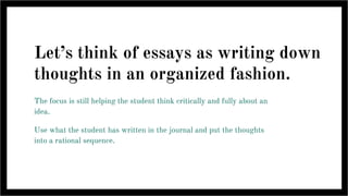 Let’s think of essays as writing down
thoughts in an organized fashion.
The focus is still helping the student think critically and fully about an
idea.
Use what the student has written in the journal and put the thoughts
into a rational sequence.
 