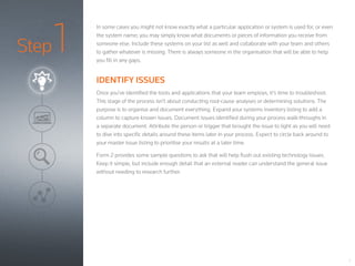 Step1
7
In some cases you might not know exactly what a particular application or system is used for, or even
the system name; you may simply know what documents or pieces of information you receive from
someone else. Include these systems on your list as well and collaborate with your team and others
to gather whatever is missing. There is always someone in the organisation that will be able to help
you fill in any gaps.
IDENTIFY ISSUES
Once you’ve identified the tools and applications that your team employs, it’s time to troubleshoot.
This stage of the process isn’t about conducting root-cause analyses or determining solutions. The
purpose is to organise and document everything. Expand your systems inventory listing to add a
column to capture known issues. Document issues identified during your process walk-throughs in
a separate document. Attribute the person or trigger that brought the issue to light as you will need
to dive into specific details around these items later in your process. Expect to circle back around to
your master issue listing to prioritise your results at a later time.
Form 2 provides some sample questions to ask that will help flush out existing technology issues.
Keep it simple, but include enough detail that an external reader can understand the general issue
without needing to research further.
 