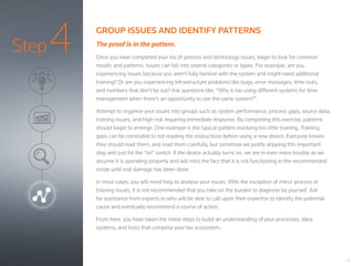 Step4
13
GROUP ISSUES AND IDENTIFY PATTERNS
The proof is in the pattern.
Once you have completed your list of process and technology issues, begin to look for common
results and patterns. Issues can fall into several categories or types. For example, are you
experiencing issues because you aren’t fully familiar with the system and might need additional
training? Or are you experiencing infrastructure problems like bugs, error messages, time-outs,
and numbers that don’t tie out? Ask questions like, “Why is tax using different systems for time
management when there’s an opportunity to use the same system?”
Attempt to organise your issues into groups such as system performance, process gaps, source data,
training issues, and high-risk requiring immediate response. By completing this exercise, patterns
should begin to emerge. One example is the typical pattern involving too little training. Training
gaps can be correlated to not reading the instructions before using a new device. Everyone knows
they should read them, and read them carefully, but somehow we justify skipping this important
step and just hit the “on” switch. If the device actually turns on, we are in even more trouble as we
assume it is operating properly and will miss the fact that it is not functioning in the recommended
mode until real damage has been done.
In most cases, you will need help to analyse your issues. With the exception of minor process or
training issues, it is not recommended that you take on the burden to diagnose by yourself. Ask
for assistance from experts to who will be able to call upon their expertise to identify the potential
cause and eventually recommend a course of action.
From here, you have taken the initial steps to build an understanding of your processes, data,
systems, and tools that comprise your tax ecosystem.
 