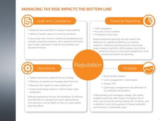 •	 Required documentation to support data audits(s)
•	 Ability to sustain value of current tax positions
In becoming more current in audits and facilitating more
certainty around tax positions, risk is reduced and results
may include a decrease in interest and penalties and
decreased reserves.
Audit and Compliance
•	Avoid double taxation
•	 Cash management / optimization
•	 Protect ETR
•	 Optimizing management and utilization of
tax attributes and position
Understanding and managing strategic risk creates
tangible results that often impact the bottom line in
areas such as transfer pricing setting, VAT recoveries, and
a reduction in tax cash payments to taxing authorities
and increases in shareholder value.
Strategic
•	 SOX compliance
•	 Accuracy of tax numbers
•	 Timeliness of tax close
Reduced financial reporting risk that reduces the
likelihood of a significant deficiency or material
weakness. Enhanced reporting process will provide
longer runway to perform critical analyses and critical
reviews to ensure accuracy and completeness of tax
annual and interim tax reporting.
Financial Reporting
•	 System landscape supports the tax strategy
•	 Efficiency of solutions to manage data & process
•	 Resource time spent on value-added work
•	 Ensure technology expense is tied to larger value
proposition
Reduced operational risk lays the foundation for efficient
and effective tax management, lower organizational
cost structures, and an ability to focus on value-added
planning efforts.
Operational
Reputation
17
MANAGING TAX RISK IMPACTS THE BOTTOM LINE
 