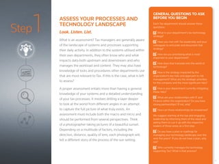 GENERAL QUESTIONS TO ASK
BEFORE YOU BEGIN
Each Tax department should answer these
questions:
What is your department’s tax technology
strategy?
Have you met with Tax leadership and your
colleagues to articulate and document that
strategy?
How are you prioritizing what is most
important to your department?
How does that translate into the world of
technology?
How is the strategy impacted by the
organization’s key risks and approach to risk
management? What are the strategic priorities
for the company and the most significant risks?
How is your department currently mitigating
those risks?
What are your relationships with IT and
Finance within the organization? Do you have
strong partnerships? If not, why?
How can these relationships be broadened?
We suggest starting at the top and engaging
leadership by informing them of the need and
asking them to cue it up with the respective
leaders of those areas as a first step.
Do you have a plan or roadmap for
managing your technology landscape over the
next five years? If you do not have a plan, why
not?
Who currently manages the technology
supporting Tax? What is that process?
Step1
3
ASSESS YOUR PROCESSES AND
TECHNOLOGY LANDSCAPE
Look. Listen. List.
What is an assessment? Tax managers are generally aware
of the landscape of systems and processes supporting
their daily activity. In addition to the systems utilised within
their own departments, they often know who and what
impacts data both upstream and downstream and who
manages the workload and content. They may also have
knowledge of tools and procedures other departments use
that are most relevant to Tax. If this is the case, what is left
to assess?
A proper assessment entails more than having a general
knowledge of your systems and a detailed understanding
of your tax processes. It involves drilling a layer deeper
to look at the world from different angles in an attempt
to capture the full picture of what truly exists. An
assessment must include both the macro and micro and
should be performed from several perspectives. Think
of a photographer taking pictures of a beautiful sunset.
Depending on a multitude of factors, including the
direction, distance, quality of lens, each photograph will
tell a different story of the process of the sun setting.
 