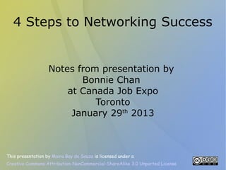 4 Steps to Networking Success


                   Notes from presentation by
                          Bonnie Chan
                       at Canada Job Expo
                             Toronto
                        January 29th 2013



This presentation by Maira Bay de Souza is licensed under a
Creative Commons Attribution-NonCommercial-ShareAlike 3.0 Unported License
 