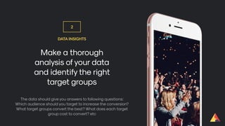 2
DATA INSIGHTS
Make a thorough
analysis of your data
and identify the right
target groups
The data should give you answers to following questions:
Which audience should you target to increase the conversion?
What target groups convert the best? What does each target
group cost to convert? etc
 