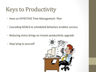 Keys to Productivity
•  Have an EFFECTIVE Time Management Plan
•  Cascade your GOALS from big picture down to daily/
weekl...