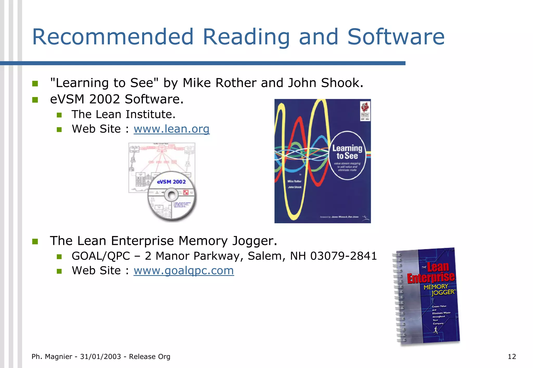 Recommended Reading and Software
!    "Learning to See" by Mike Rother and John Shook.
!    eVSM 2002 Software.
      !   The Lean Institute.
      !   Web Site : www.lean.org




!    The Lean Enterprise Memory Jogger.
      !   GOAL/QPC – 2 Manor Parkway, Salem, NH 03079-2841
      !   Web Site : www.goalqpc.com




Ph. Magnier - 31/01/2003 - Release Org                       12
 