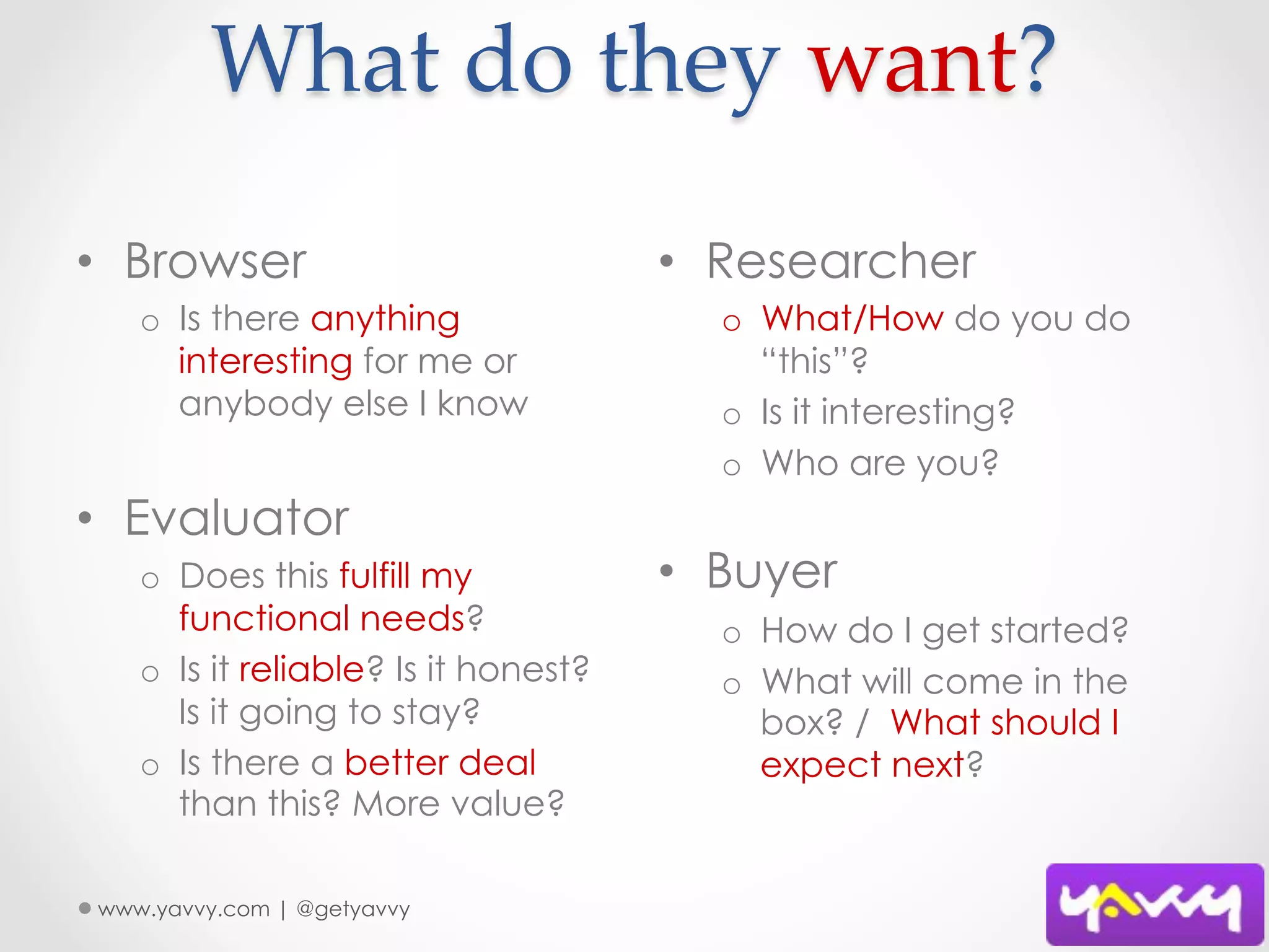What  do  they  want?	
•  Browser                            •  Researcher
   o  Is there anything                 o  What/How do you do
      interesting for me or                “this”?
      anybody else I know               o  Is it interesting?
                                        o  Who are you?
•  Evaluator
   o  Does this fulfill my            •  Buyer
      functional needs?                 o  How do I get started?
   o  Is it reliable? Is it honest?     o  What will come in the
      Is it going to stay?                 box? / What should I
   o  Is there a better deal               expect next?
      than this? More value?

www.yavvy.com | @getyavvy
 