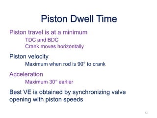 Piston Dwell Time
Piston travel is at a minimum
TDC and BDC
Crank moves horizontally
Piston velocity
Maximum when rod is 90° to crank
Acceleration
Maximum 30° earlier
Best VE is obtained by synchronizing valve
opening with piston speeds
12
 