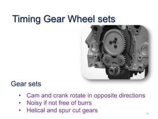 Gear sets
• Cam and crank rotate in opposite directions
• Noisy if not free of burrs
• Helical and spur cut gears 26
Timing Gear Wheel sets
 