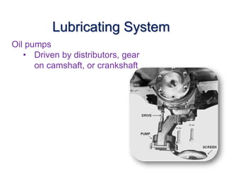 Oil pumps
• Driven by distributors, gear
on camshaft, or crankshaft
33
Lubricating System
 