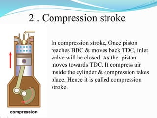 2 . Compression stroke
In compression stroke, Once piston
reaches BDC & moves back TDC, inlet
valve will be closed. As the piston
moves towards TDC. It compress air
inside the cylinder & compression takes
place. Hence it is called compression
stroke.
 