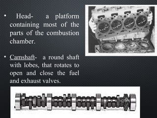 • Head- a platform
containing most of the
parts of the combustion
chamber.
• Camshaft- a round shaft
with lobes, that rotates to
open and close the fuel
and exhaust valves.
prepared by: R.V.Varmoraprepared by: R.V.Varmora
 