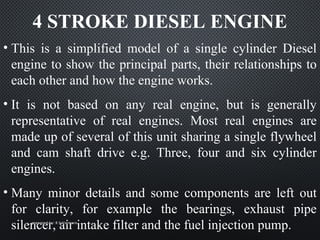 4 STROKE DIESEL ENGINE
• This is a simplified model of a single cylinder Diesel
engine to show the principal parts, their relationships to
each other and how the engine works.
• It is not based on any real engine, but is generally
representative of real engines. Most real engines are
made up of several of this unit sharing a single flywheel
and cam shaft drive e.g. Three, four and six cylinder
engines.
• Many minor details and some components are left out
for clarity, for example the bearings, exhaust pipe
silencer, air intake filter and the fuel injection pump.prepared by: R.V.Varmoraprepared by: R.V.Varmora
 
