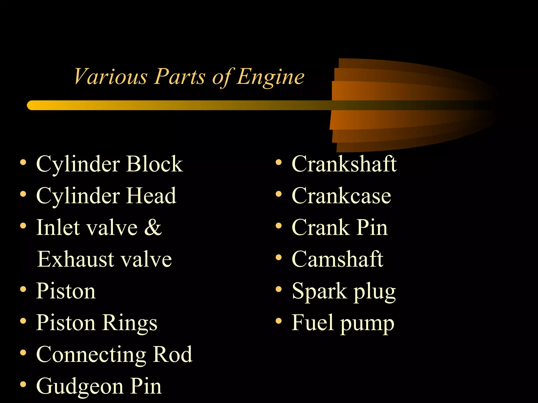 Various Parts of Engine Crankshaft Crankcase Crank Pin Camshaft Spark plug Fuel pump Cylinder Block Cylinder Head Inlet valve & Exhaust valve Piston Piston Rings Connecting Rod Gudgeon Pin 