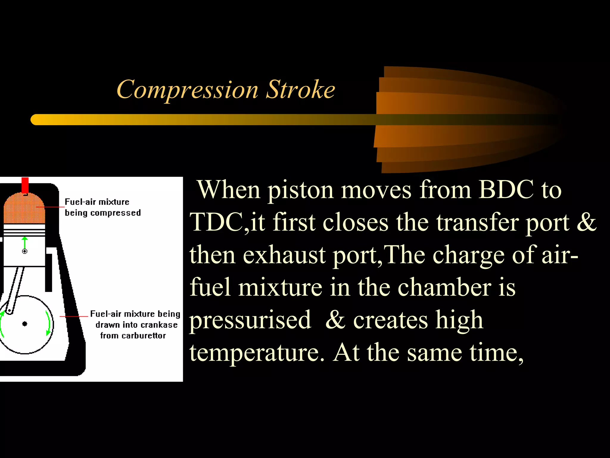 Compression Stroke  When piston moves from BDC to TDC,it first closes the transfer port & then exhaust port,The charge of air-fuel mixture in the chamber is pressurised  & creates high temperature. At the same time, 