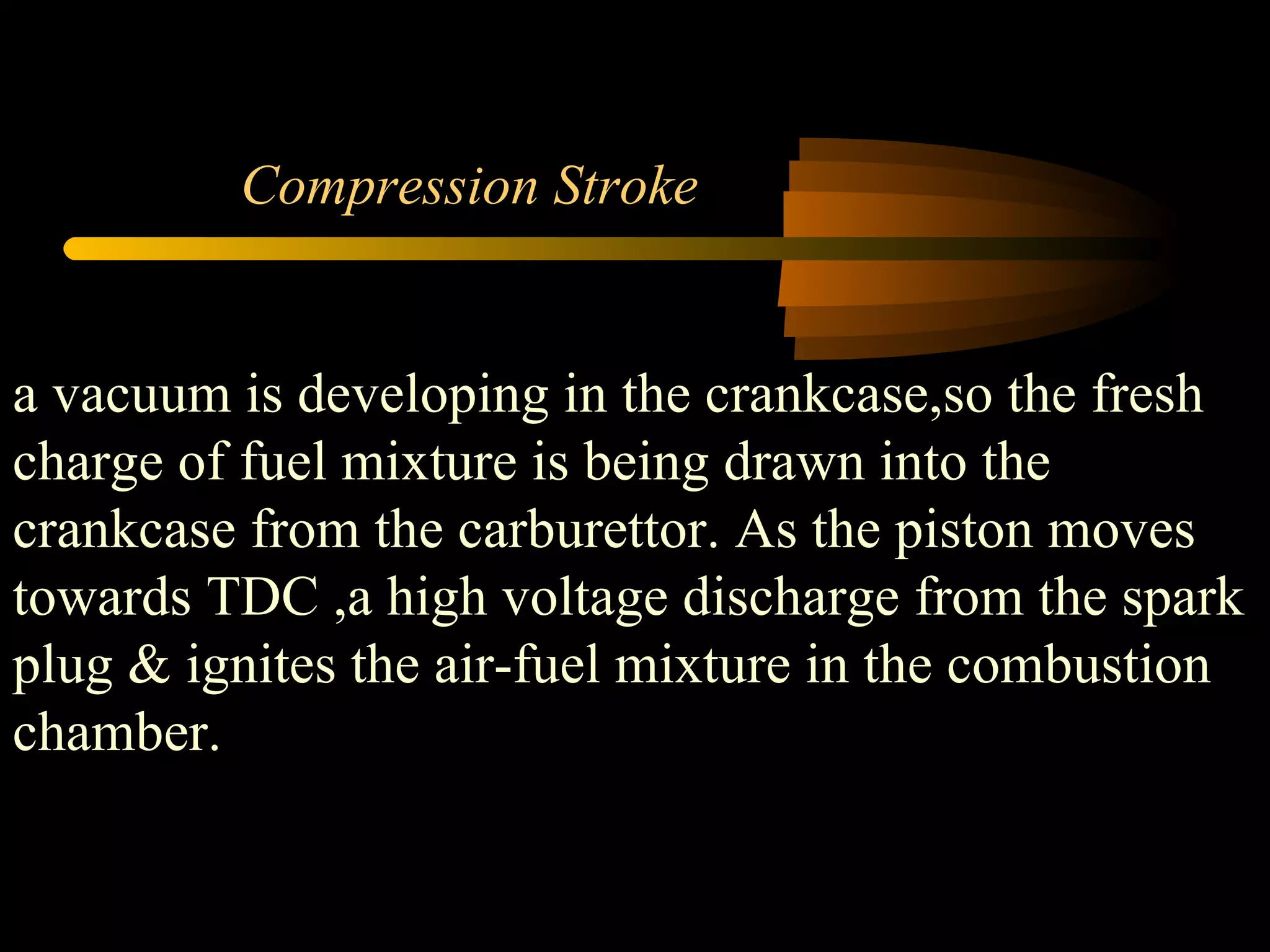 Compression Stroke  a vacuum is developing in the crankcase,so the fresh charge of fuel mixture is being drawn into the crankcase from the carburettor. As the piston moves towards TDC ,a high voltage discharge from the spark plug & ignites the air-fuel mixture in the combustion chamber. 