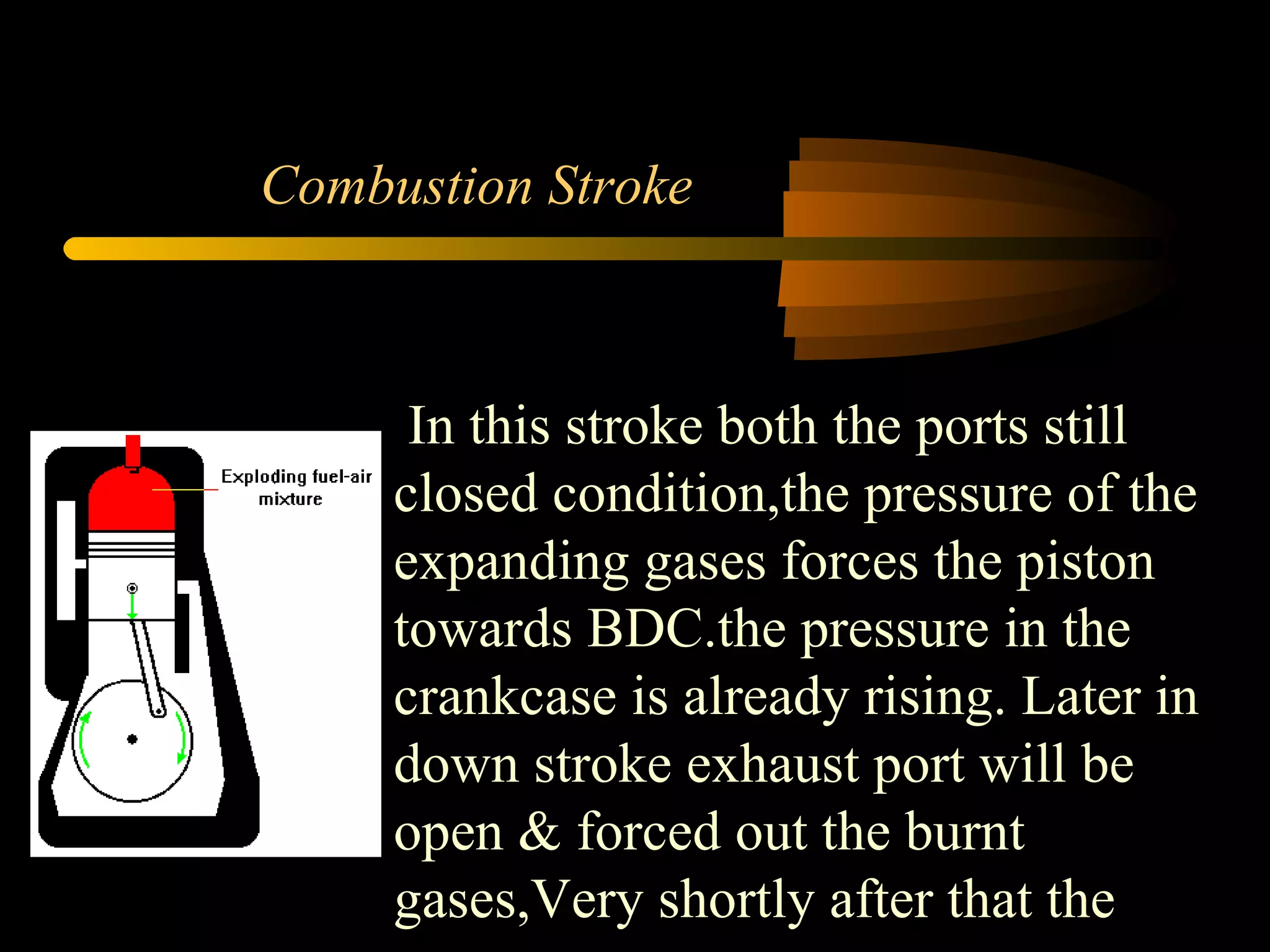 Combustion Stroke In this stroke both the ports still closed condition,the pressure of the expanding gases forces the piston towards BDC.the pressure in the crankcase is already rising. Later in down stroke exhaust port will be open & forced out the burnt gases,Very shortly after that the 