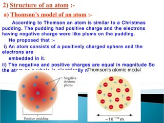 a) Thomson’s model of an atom :- 
According to Thomson an atom is similar to a Christmas 
pudding. The pudding had positive charge and the electrons 
having negative charge were like plums on the pudding. 
He proposed that :- 
i) An atom consists of a positively charged sphere and the 
electrons are 
embedded in it. 
ii) The negative and positive charges are equal in magnitude So 
the atom as a whole is electrically neutral. 
 