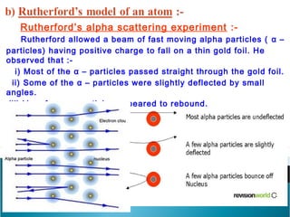 Rutherford’s alpha scattering experiment :- 
Rutherford allowed a beam of fast moving alpha particles ( α – 
particles) having positive charge to fall on a thin gold foil. He 
observed that :- 
i) Most of the α – particles passed straight through the gold foil. 
ii) Some of the α – particles were slightly deflected by small 
angles. 
iii) Very few α – particles appeared to rebound. 
 