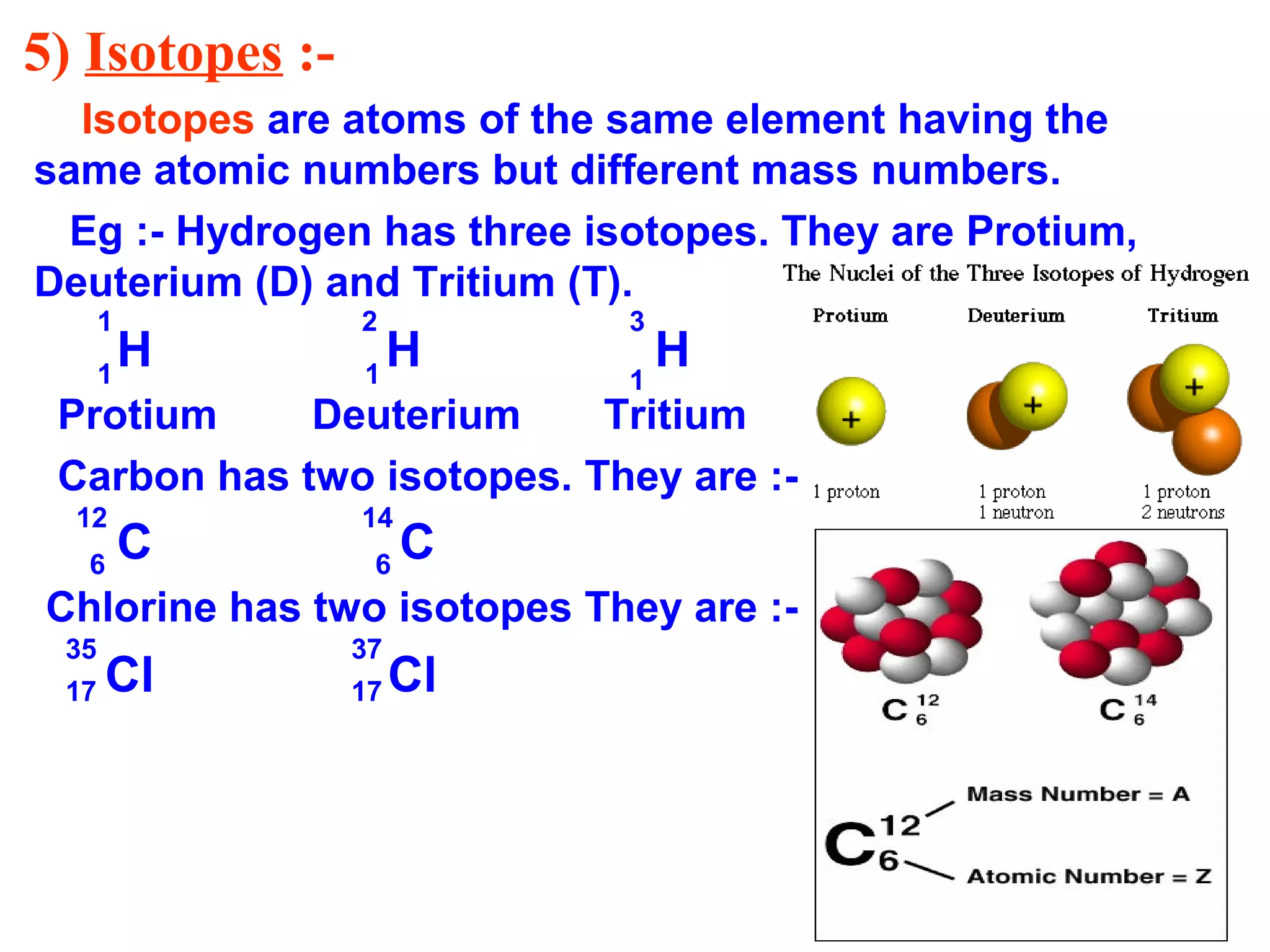 5) Isotopes :-
Isotopes are atoms of the same element having the
same atomic numbers but different mass numbers.
Eg :- Hydrogen has three isotopes. They are Protium,
Deuterium (D) and Tritium (T).
H H H
Protium Deuterium Tritium
Carbon has two isotopes. They are :-
C C
Chlorine has two isotopes They are :-
Cl Cl
1
1 1 1
2 3
12
6 6
14
35 37
17 17
 