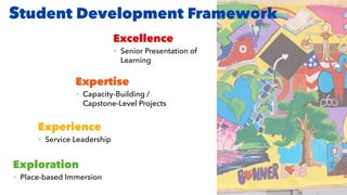 Exploration
• Place-based Immersion
Experience
• Service Leadership
Expertise
• Capacity-Building /
Capstone-Level Projects
Excellence
• Senior Presentation of
Learning
Student Development Framework
 