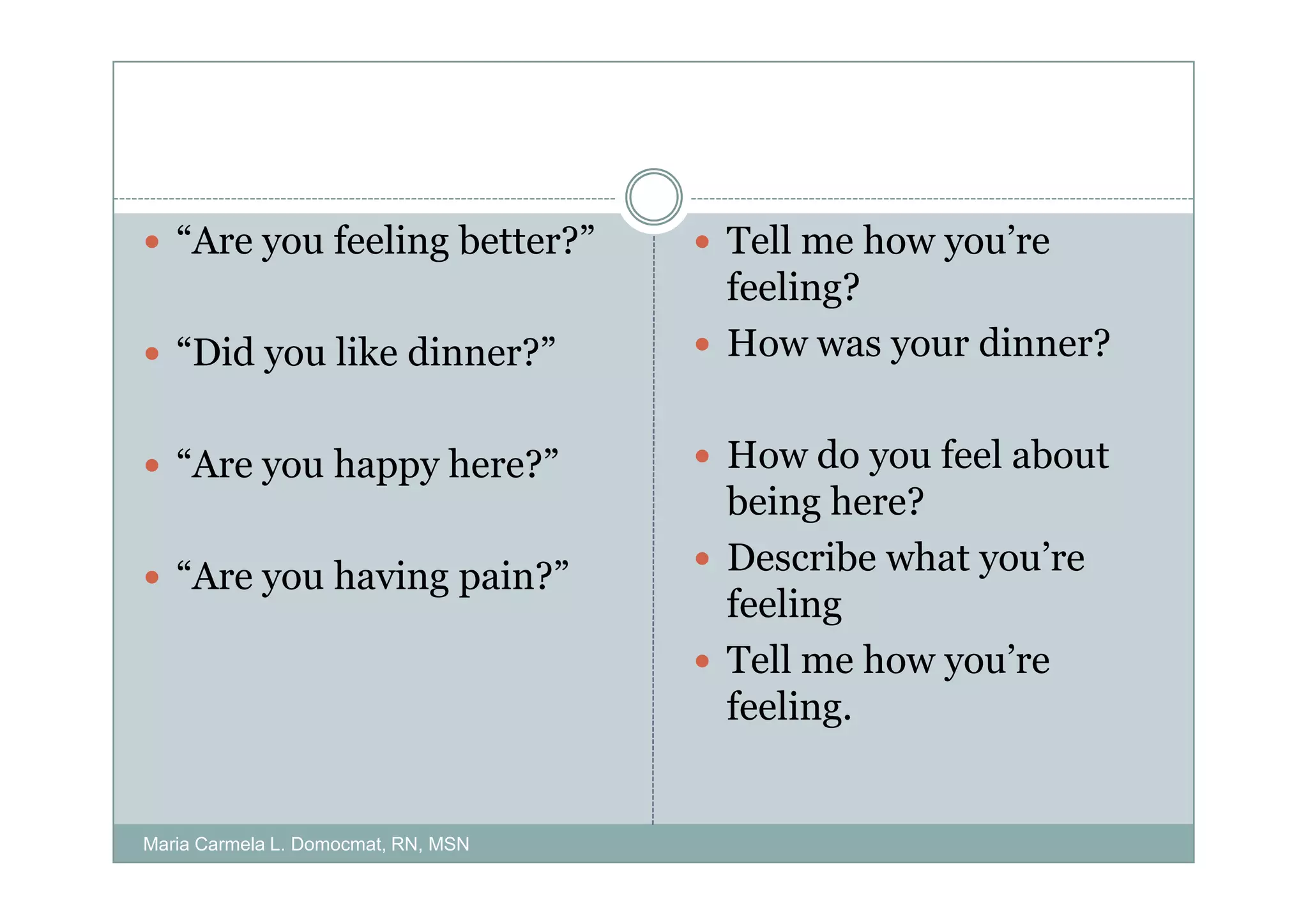“Are you feeling better?”         Tell me how you’re
                                     feeling?
   “Did you like dinner?”            How was your dinner?


   “Are you happy here?”             How do you feel about
                                     being here?
   “Are you having pain?”            Describe what you’re
                                     feeling
                                     Tell me how you’re
                                     feeling.


Maria Carmela L. Domocmat, RN, MSN
 