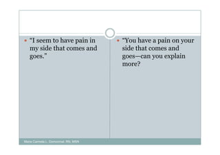 “I seem to have pain in           “You have a pain on your
   my side that comes and            side that comes and
   goes.”                            goes—can you explain
                                     more?




Maria Carmela L. Domocmat, RN, MSN
 