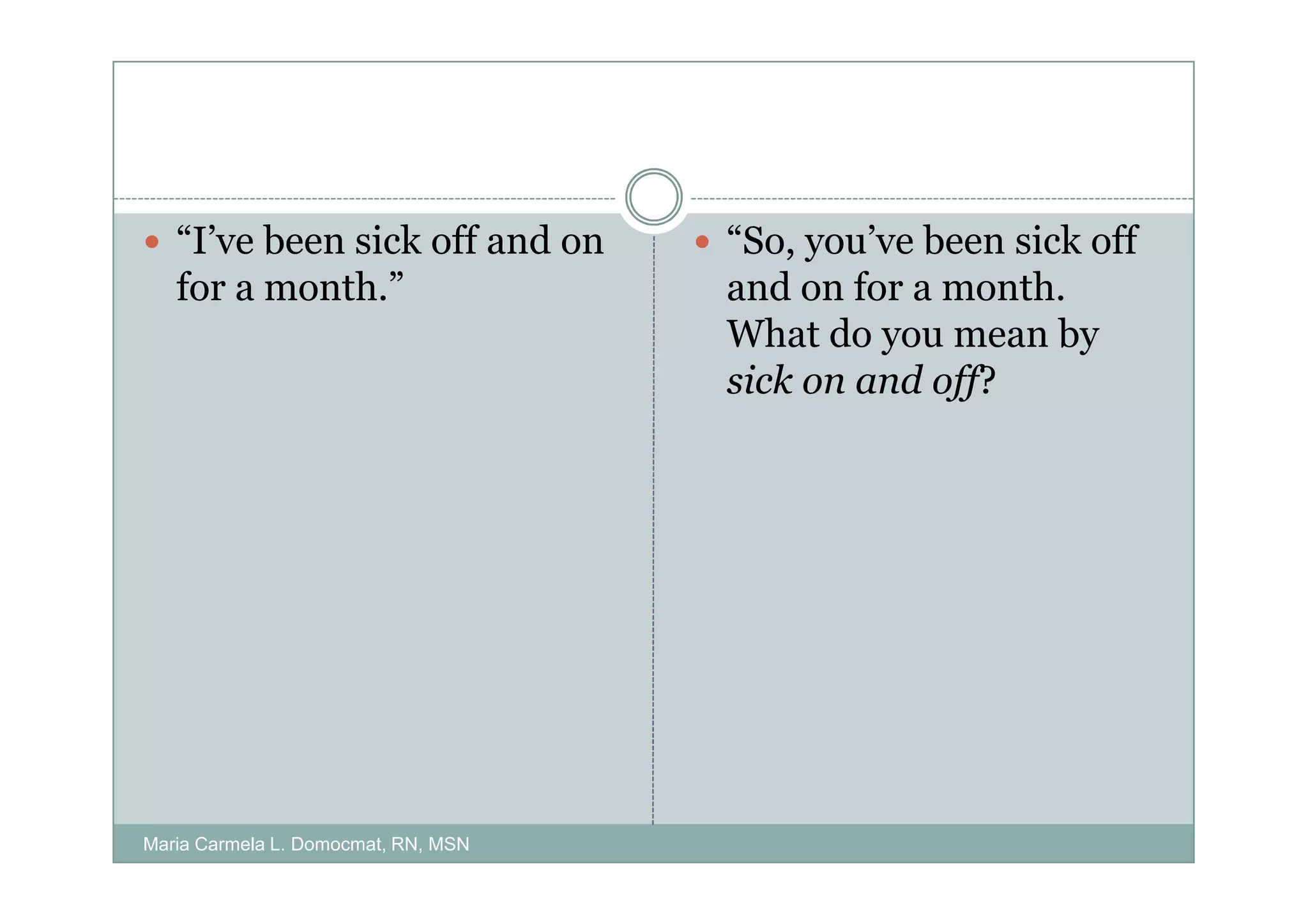 “I’ve been sick off and on        “So, you’ve been sick off
   for a month.”                     and on for a month.
                                     What do you mean by
                                     sick on and off?




Maria Carmela L. Domocmat, RN, MSN
 