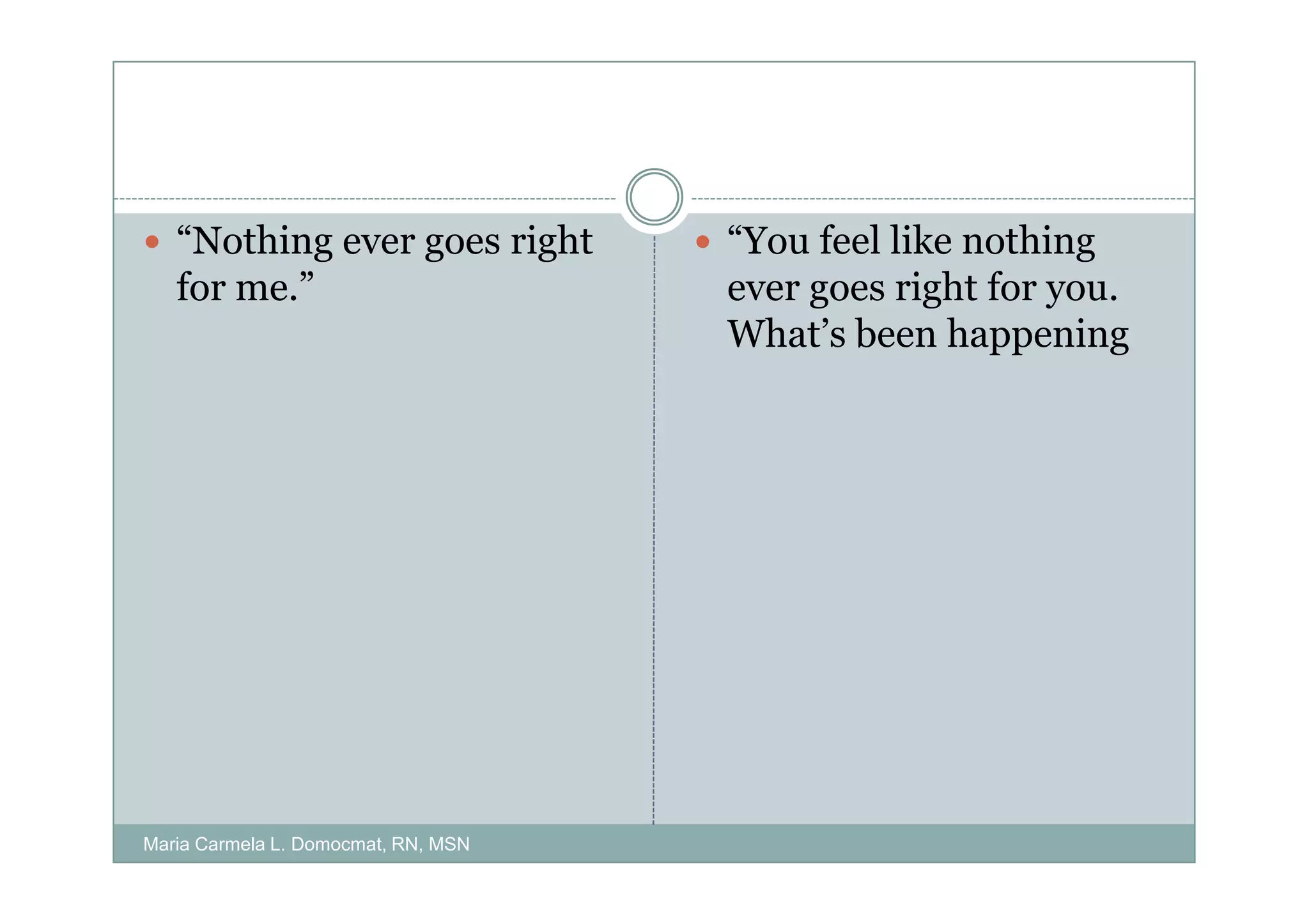 “Nothing ever goes right          “You feel like nothing
   for me.”                          ever goes right for you.
                                     What’s been happening




Maria Carmela L. Domocmat, RN, MSN
 