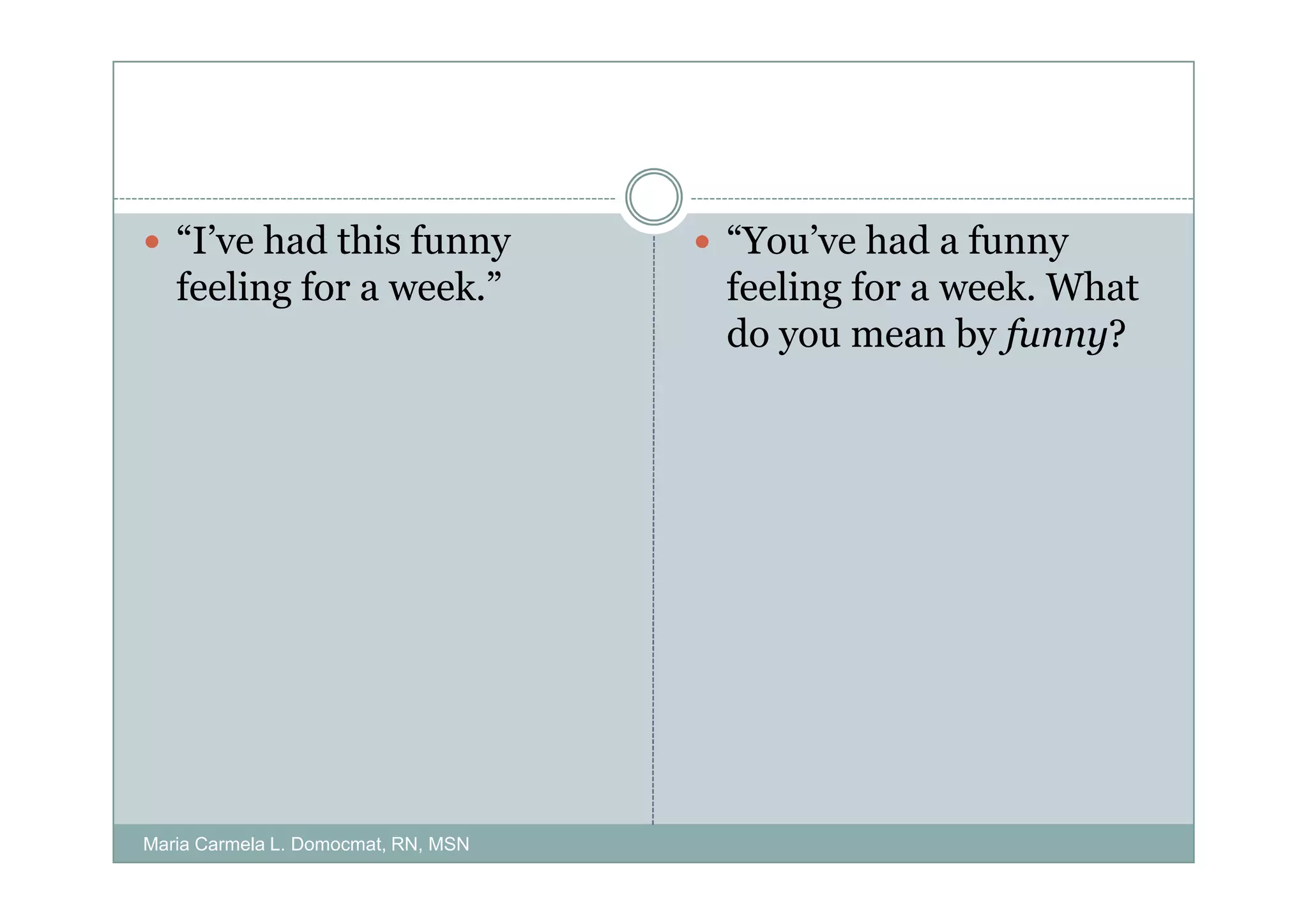 “I’ve had this funny              “You’ve had a funny
   feeling for a week.”              feeling for a week. What
                                     do you mean by funny?




Maria Carmela L. Domocmat, RN, MSN
 