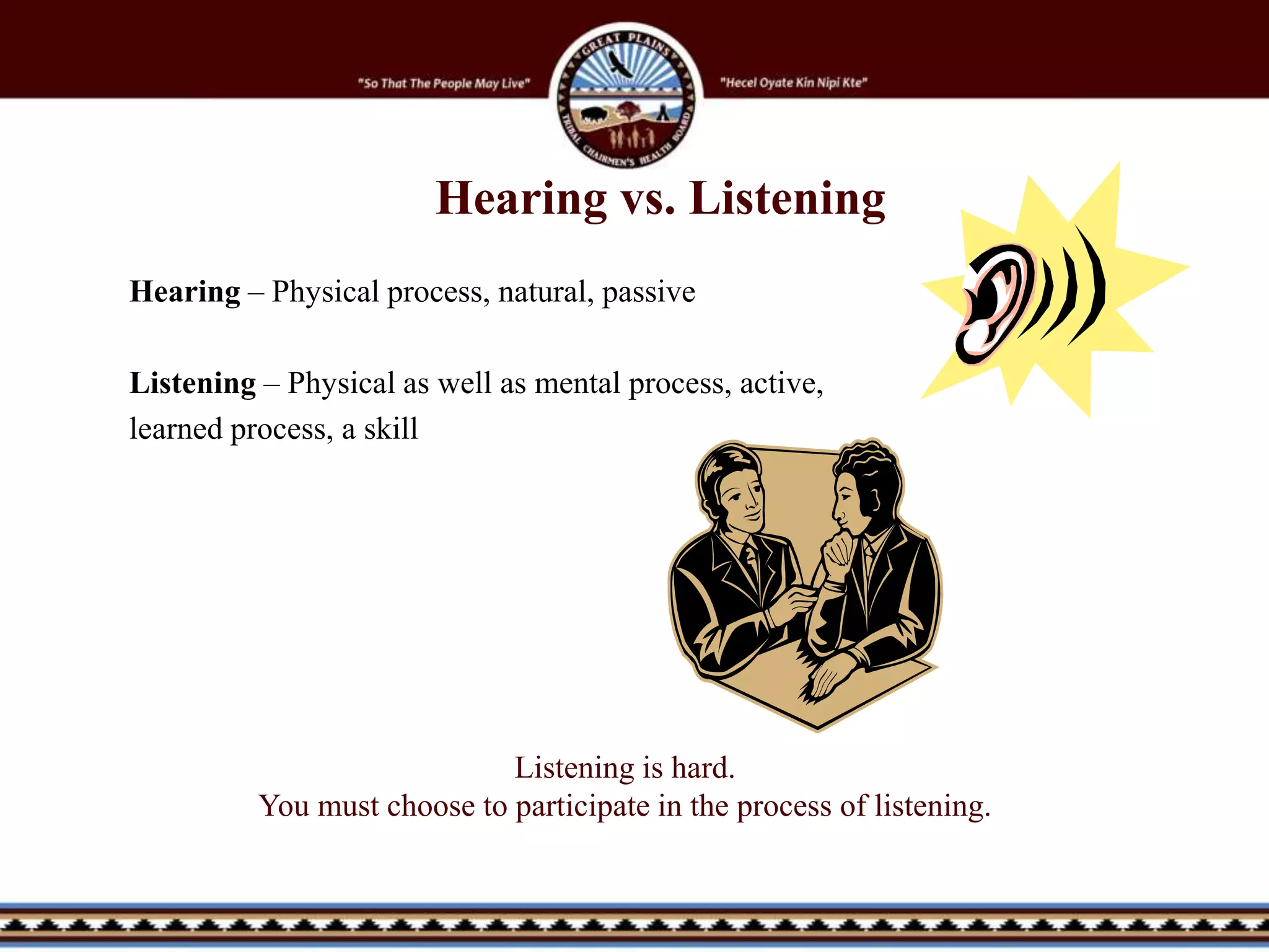 Hearing vs. Listening
Hearing – Physical process, natural, passive
Listening – Physical as well as mental process, active,
learned process, a skill
Listening is hard.
You must choose to participate in the process of listening.
 