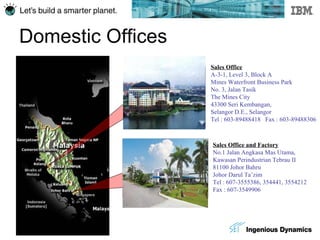 Domestic Offices Sales Office A-3-1, Level 3, Block A Mines Waterfront Business Park No. 3, Jalan Tasik The Mines City 43300 Seri Kembangan, Selangor D.E., Selangor Tel : 603-89488418  Fax : 603-89488306 Sales Office and Factory No.1 Jalan Angkasa Mas Utama, Kawasan Perindustrian Tebrau II 81100 Johor Bahru Johor Darul Ta’zim Tel : 607-3555386, 354441, 3554212 Fax : 607-3549906 