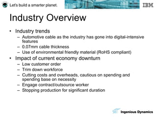 Industry Overview Industry trends Automotive cable as the industry has gone into digital-intensive features 0.07mm cable thickness Use of environmental friendly material (RoHS compliant) Impact of current economy downturn Low customer order Trim down workforce Cutting costs and overheads, cautious on spending and spending base on necessity Engage contract/outsource worker Stopping production for significant duration 