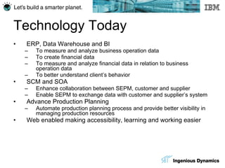 Technology Today ERP, Data Warehouse and BI To measure and analyze business operation data To create financial data To measure and analyze financial data in relation to business operation data To better understand client’s behavior SCM and SOA Enhance collaboration between SEPM, customer and supplier Enable SEPM to exchange data with customer and supplier’s system  Advance Production Planning Automate production planning process and provide better visibility in managing production resources Web enabled making accessibility, learning and working easier 