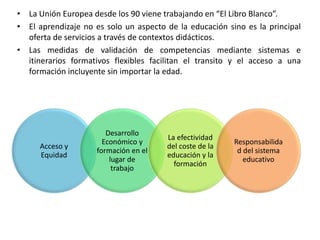 • La Unión Europea desde los 90 viene trabajando en “El Libro Blanco”.
• El aprendizaje no es solo un aspecto de la educación sino es la principal
oferta de servicios a través de contextos didácticos.
• Las medidas de validación de competencias mediante sistemas e
itinerarios formativos flexibles facilitan el transito y el acceso a una
formación incluyente sin importar la edad.
Acceso y
Equidad
Desarrollo
Económico y
formación en el
lugar de
trabajo
La efectividad
del coste de la
educación y la
formación
Responsabilida
d del sistema
educativo
 