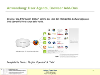 Anwendung: User Agents, Browser Add-Ons


Browser als „Information broker“ kommt der Idee der intelligenten Softwareagenten
des Semantic Web schon sehr nahe.




Beispiele für Firefox: Plugins „Operator“ & „Tails“


                                      Linked Open Data                              18
                                        :: ZBIW-Seminar ::
                                       Hans-Georg Becker
 