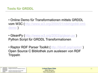 Tools für GRDDL


• Online Demo für Transformationen mittels GRDDL
vom W3C (http://www.w3.org/2004/01/rdxh/grddl-xml-
demo )

• GleanPy (http://www.w3.org/2003/g/glean.py )
Python Script für GRDDL Transformationen

• Raptor RDF Parser Toolkit (http://librdf.org/raptor/ )
Open Source C Bibliothek zum auslesen von RDF
Trippeln


                         Linked Open Data                  22
                           :: ZBIW-Seminar ::
                          Hans-Georg Becker
 
