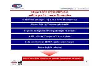 4T06: Forte crescimento e
      sólida performance financeira
% de clientes pós-pagos: +3 p.p. vs. a média da concorrência

         Clientes GSM: 36,3% do mercado de GSM


  Segmento de Negócios: 30% de participação no mercado

       ARPU: +21% vs. 1° player e +32% vs. 3° player

   Forte crescimento do EBITDA e aceleração da margem

                 Obtenção de lucro líquido




Nossos resultados representam o melhor desempenho da indústria
                                                                 3
 